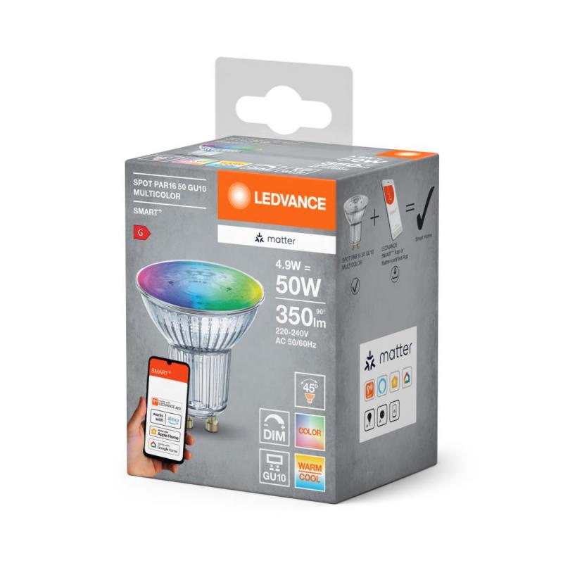 Ledvance GU10 SMART+ MATTER Reflektor LED-Lampe, kompatibel mit Google, Alexa, Apple 4,9W Multicolor 2700-6500K